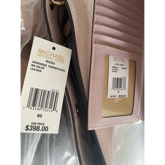 2 Pcs -Michael Kors Nicole In Powder Blush AND Jet Set Trifold Wallet In Blossom - Picture 6 of 8